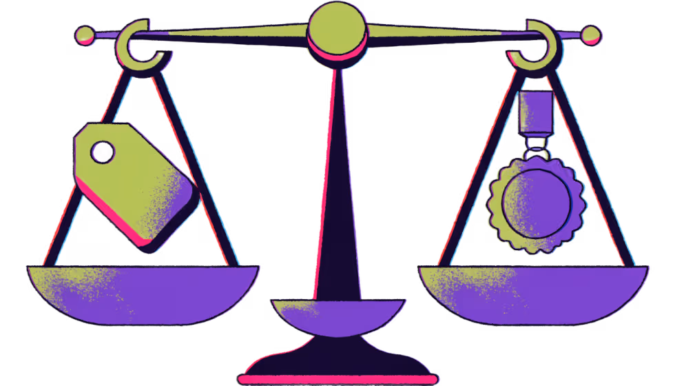 Ilustração de uma balança pesando uma etiqueta de grátis contra um selo de confiança