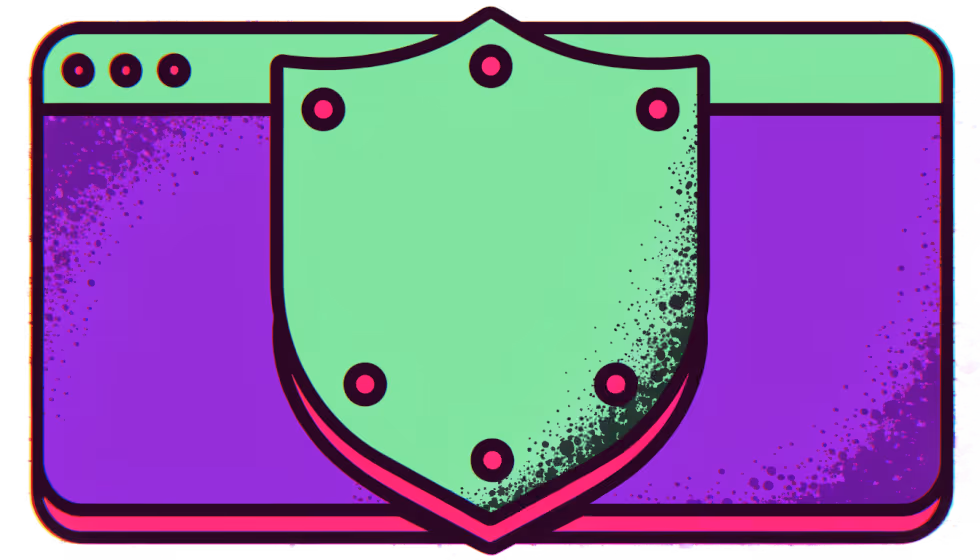 Ilustração de um escudo reconstruído e reforçado protegendo uma janela de site