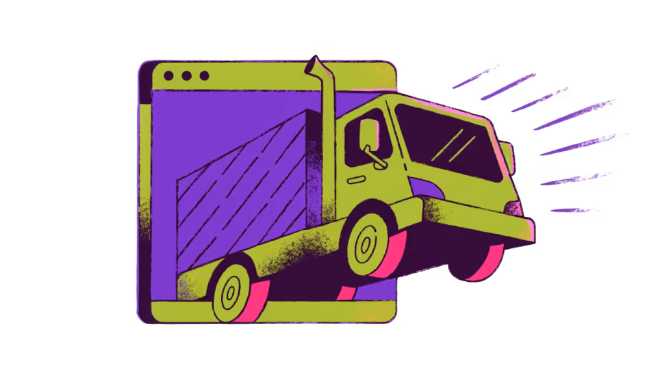 Ilustração de um caminhão de entrega saindo da janela de um site B2B