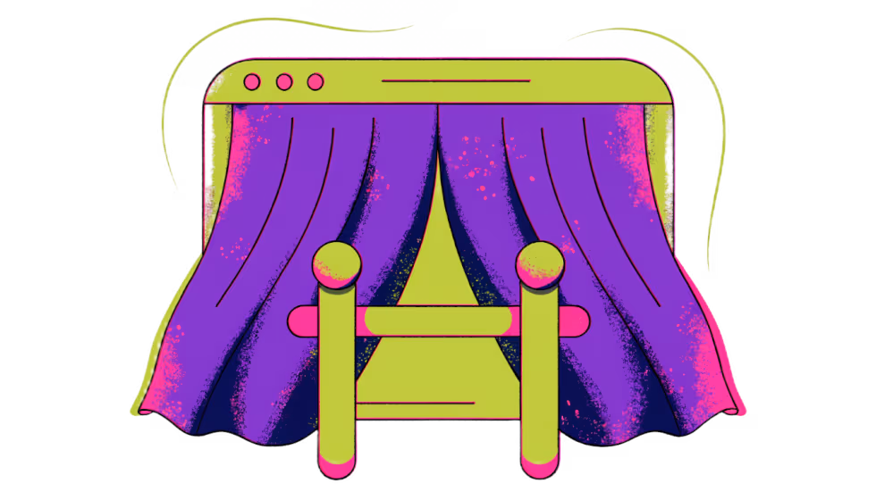 Ilustração de uma janela de site atrás de uma cortina fechada com placa de bloqueio