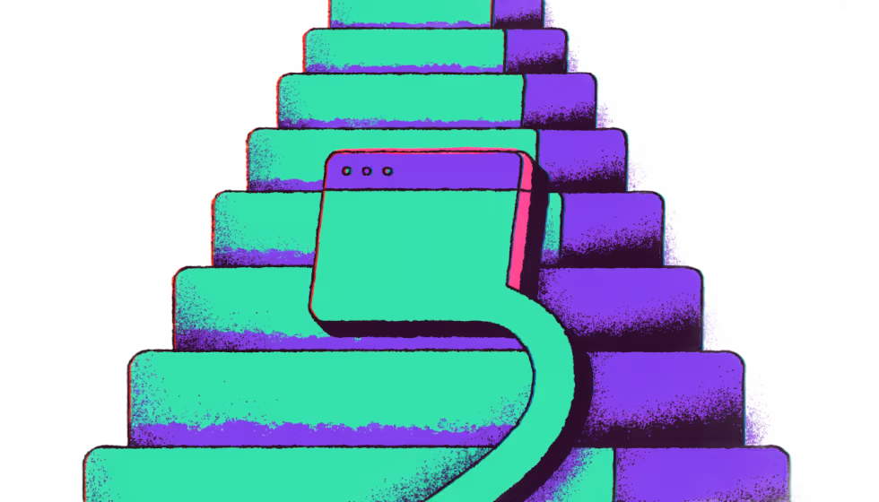Ilustração de uma escada de resultados de busca com um site subindo degraus