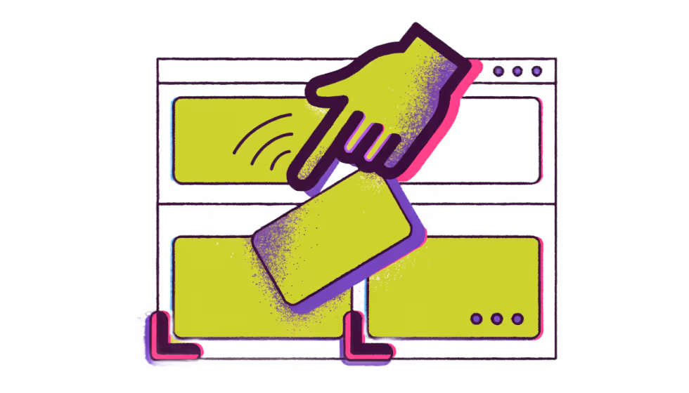 Ilustração de blocos de layout sendo arrastados e encaixados numa página