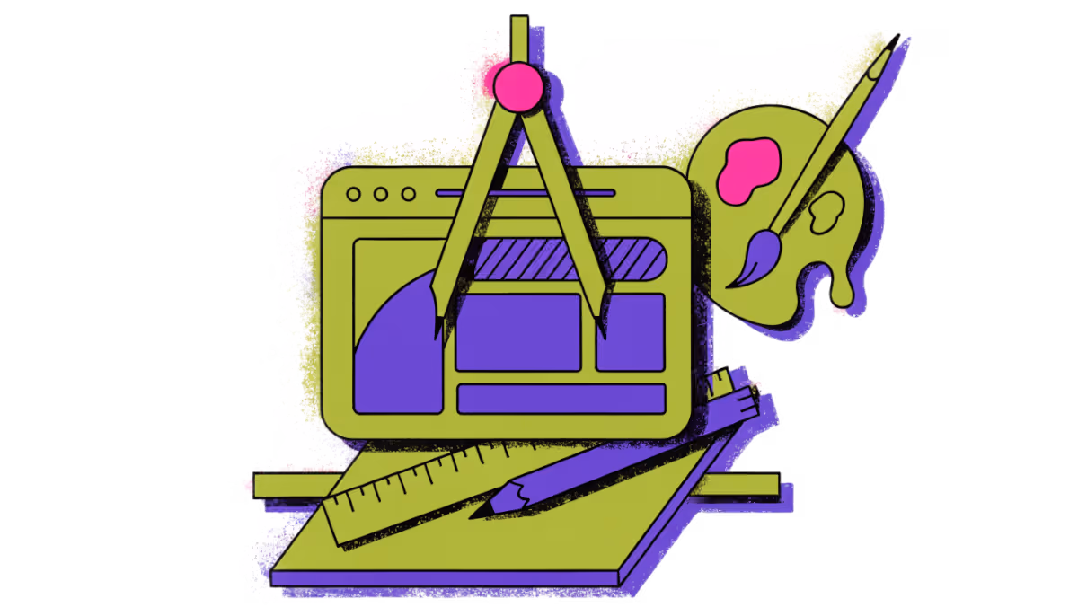 Ilustração de uma janela de site sendo montada sobre uma prancheta de design