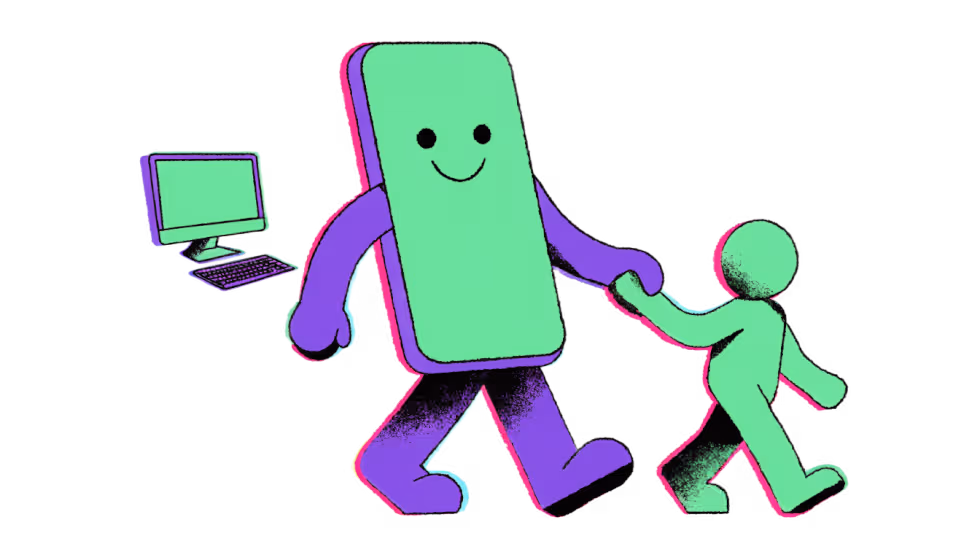 Ilustração de um celular de mãos dadas com uma pessoa, os dois caminhando à frente de um computador, representando o site pensado primeiro pro celular