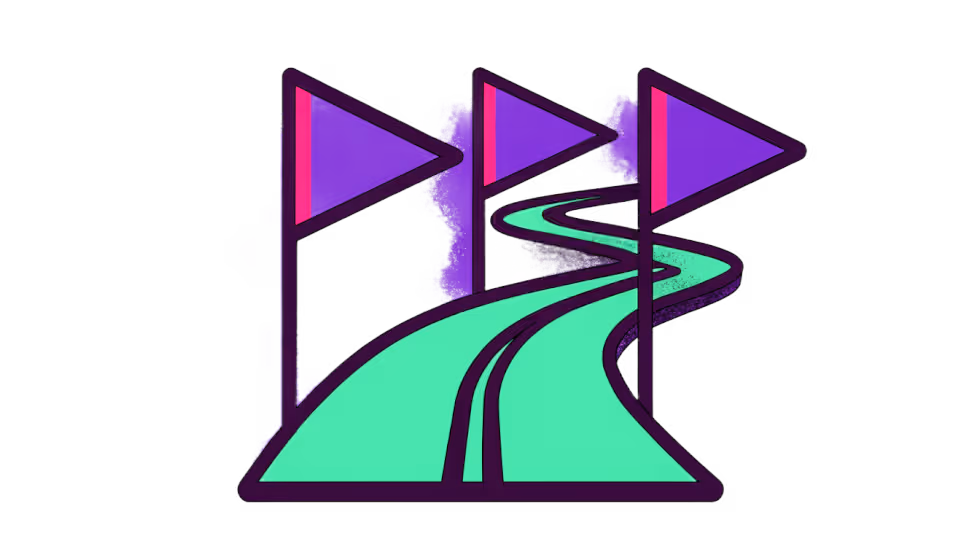 Ilustração de uma linha do tempo com bandeiras de 30, 60 e 90 dias