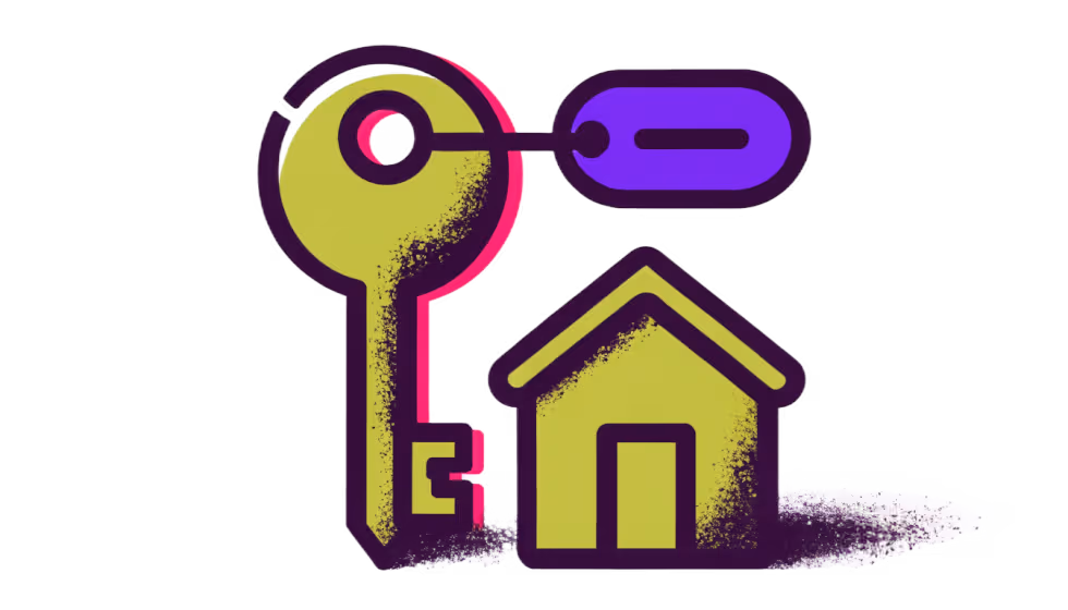 Ilustração de uma chave de casa alugada ao lado de uma casa própria
