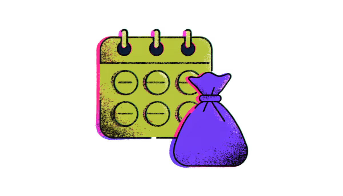 Ilustração de um calendário com moedas recorrentes ao lado de um saco de dinheiro único
