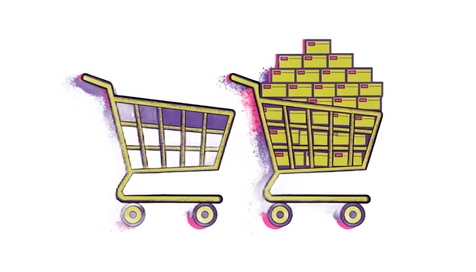 Ilustração de dois carrinhos de compra, um quase vazio e outro cheio