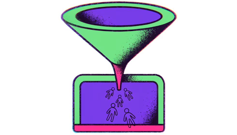 Ilustração de um funil puxando visitantes para dentro da janela de um site
