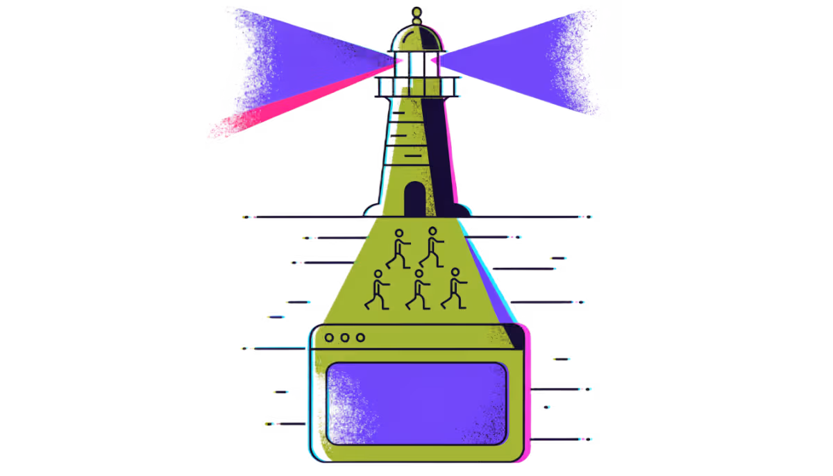 Ilustração de um farol iluminando uma janela de site enquanto atrai visitantes, representando tráfego pago no Google