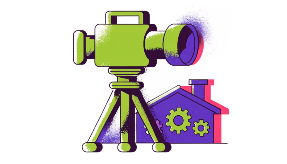 Ilustração de uma câmera de vídeo filmando uma fábrica com engrenagens