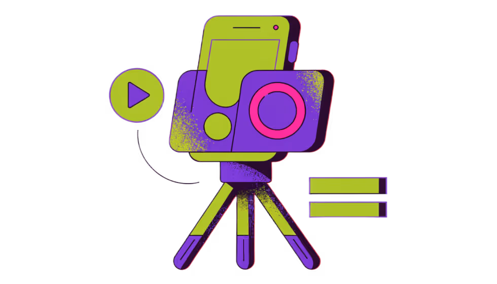 Ilustração de um celular num tripé gravando vídeo, com botão de play e legendas