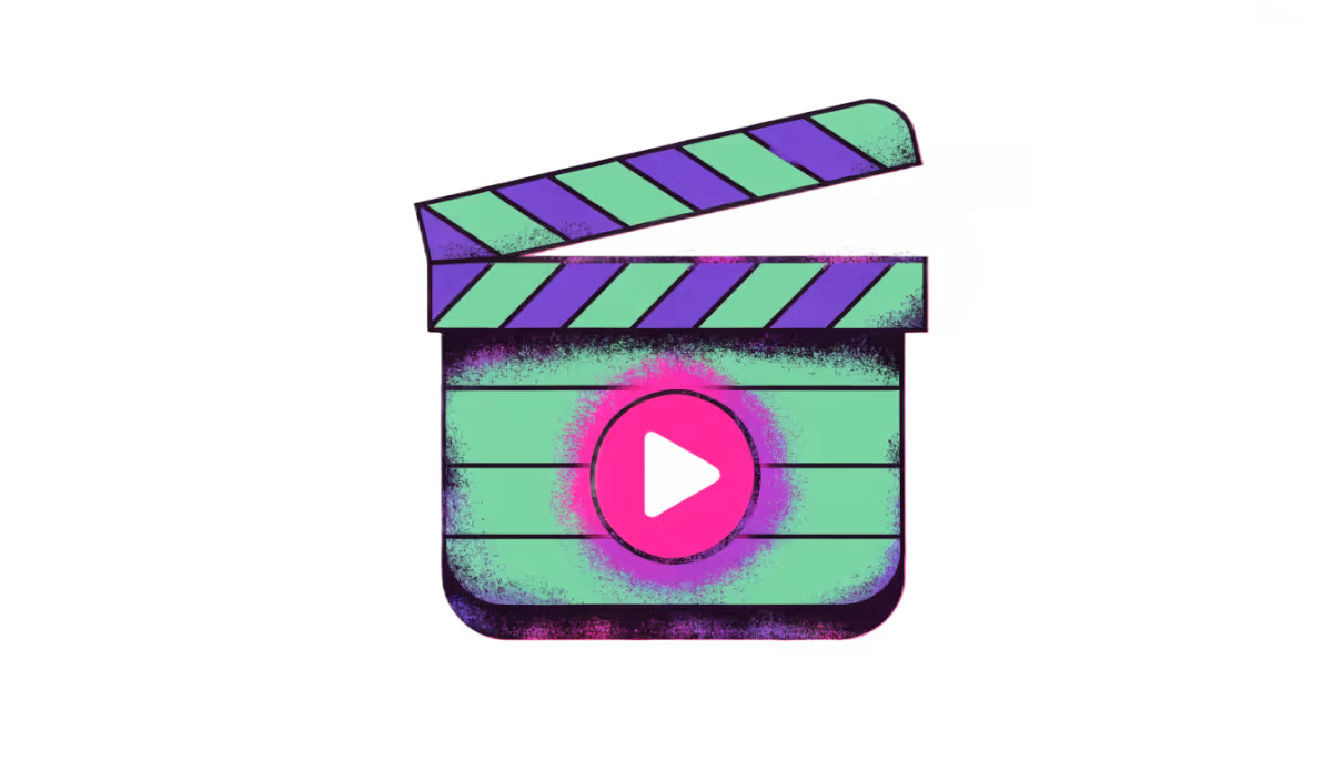 Ilustração de uma claquete de cinema com um botão de play, representando o vídeo institucional