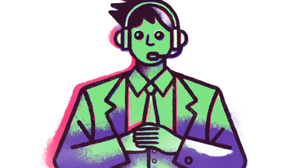 Ilustração de um robô com fone de headset fazendo o atendimento de suporte