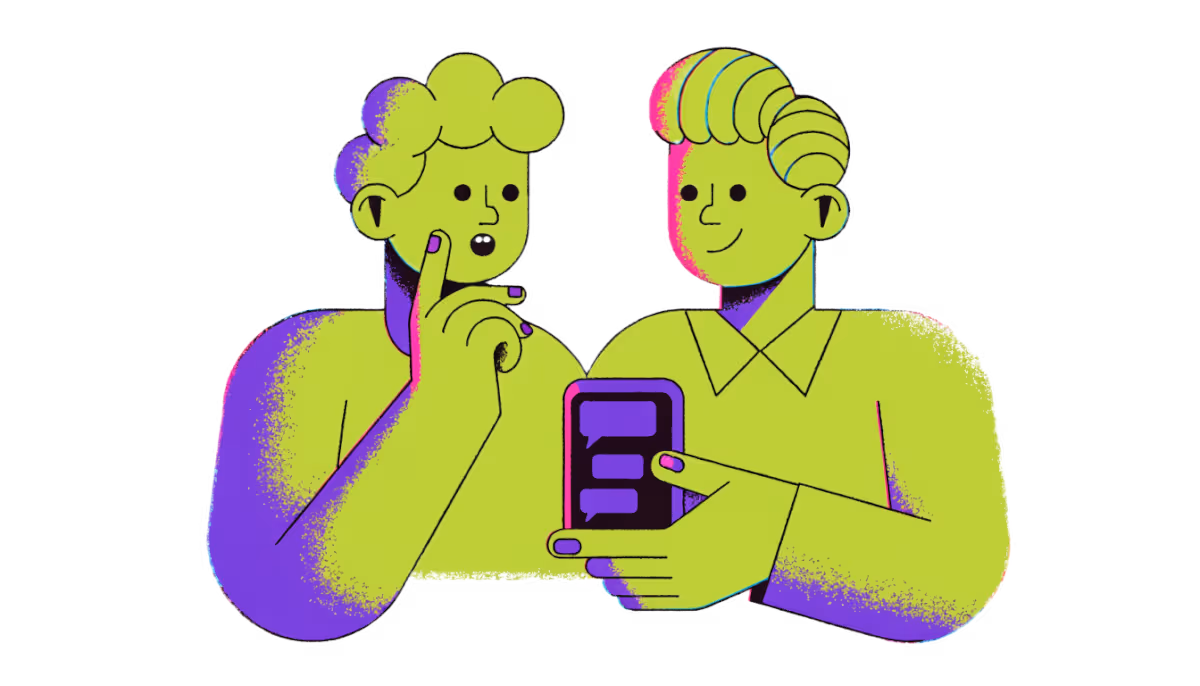 Ilustração de um atendimento por chat, com balões de mensagem entre a empresa e o cliente