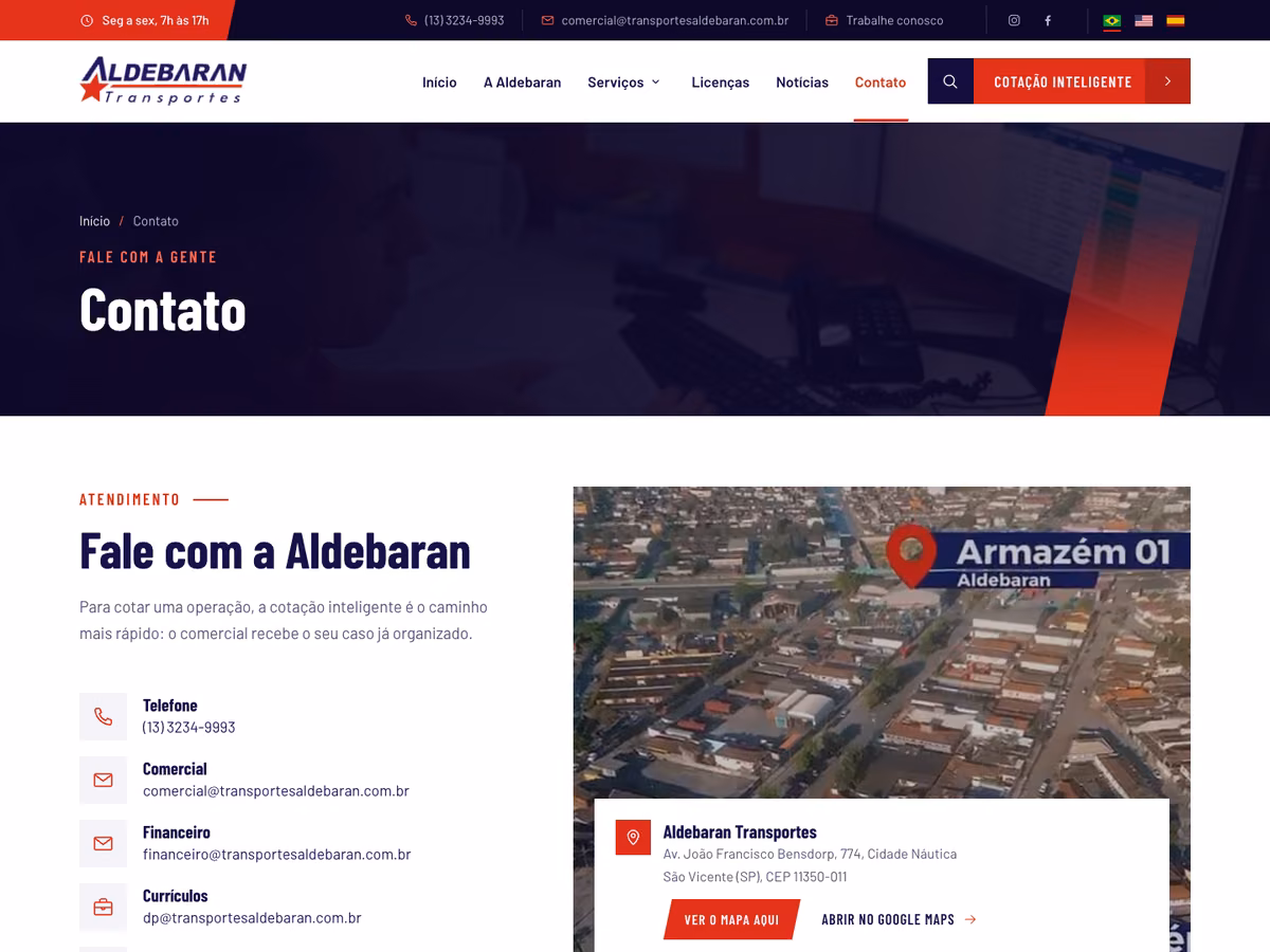 Mockup do site da Aldebaran Transportes
