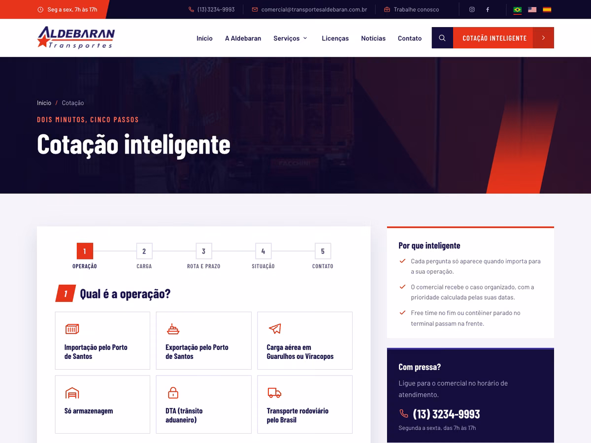 Mockup do site da Aldebaran Transportes