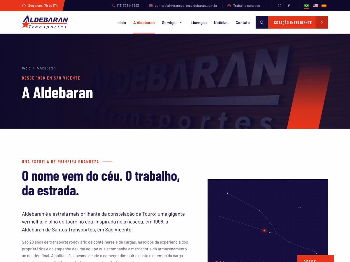 Mockup do site da Aldebaran Transportes