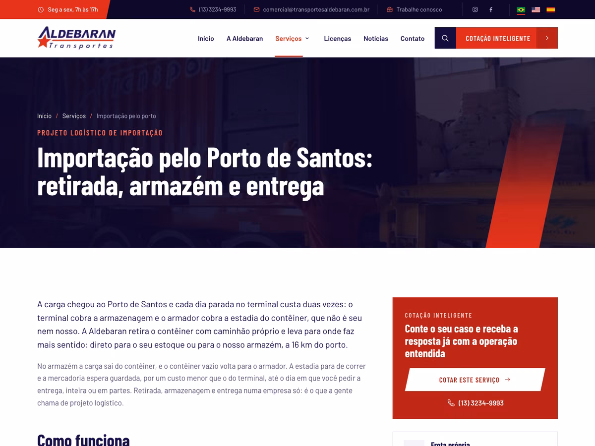 Mockup do site da Aldebaran Transportes