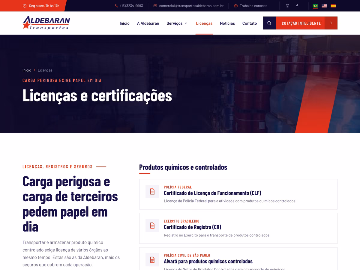 Mockup do site da Aldebaran Transportes