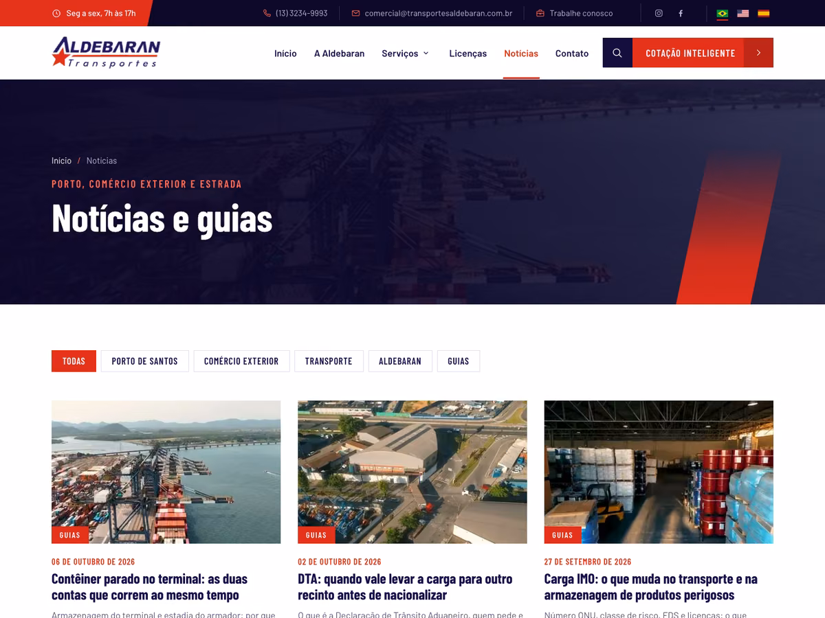 Mockup do site da Aldebaran Transportes