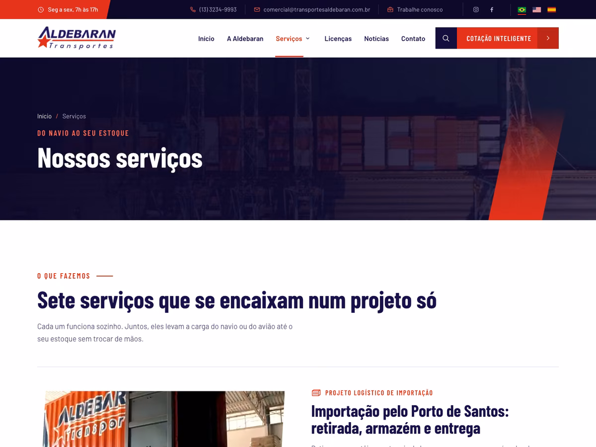 Mockup do site da Aldebaran Transportes