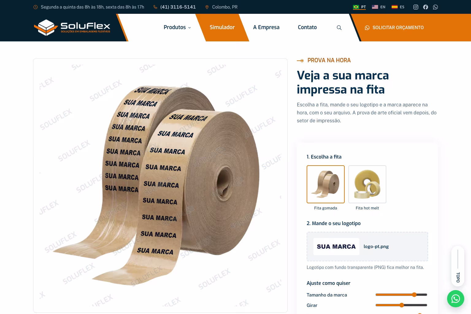 O simulador do site da Soluflex, com uma marca de exemplo impressa na fita gomada
