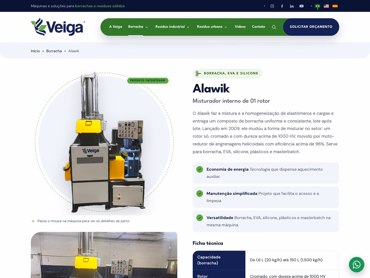 Página do misturador Alawik da Veiga Sul, com a ficha técnica