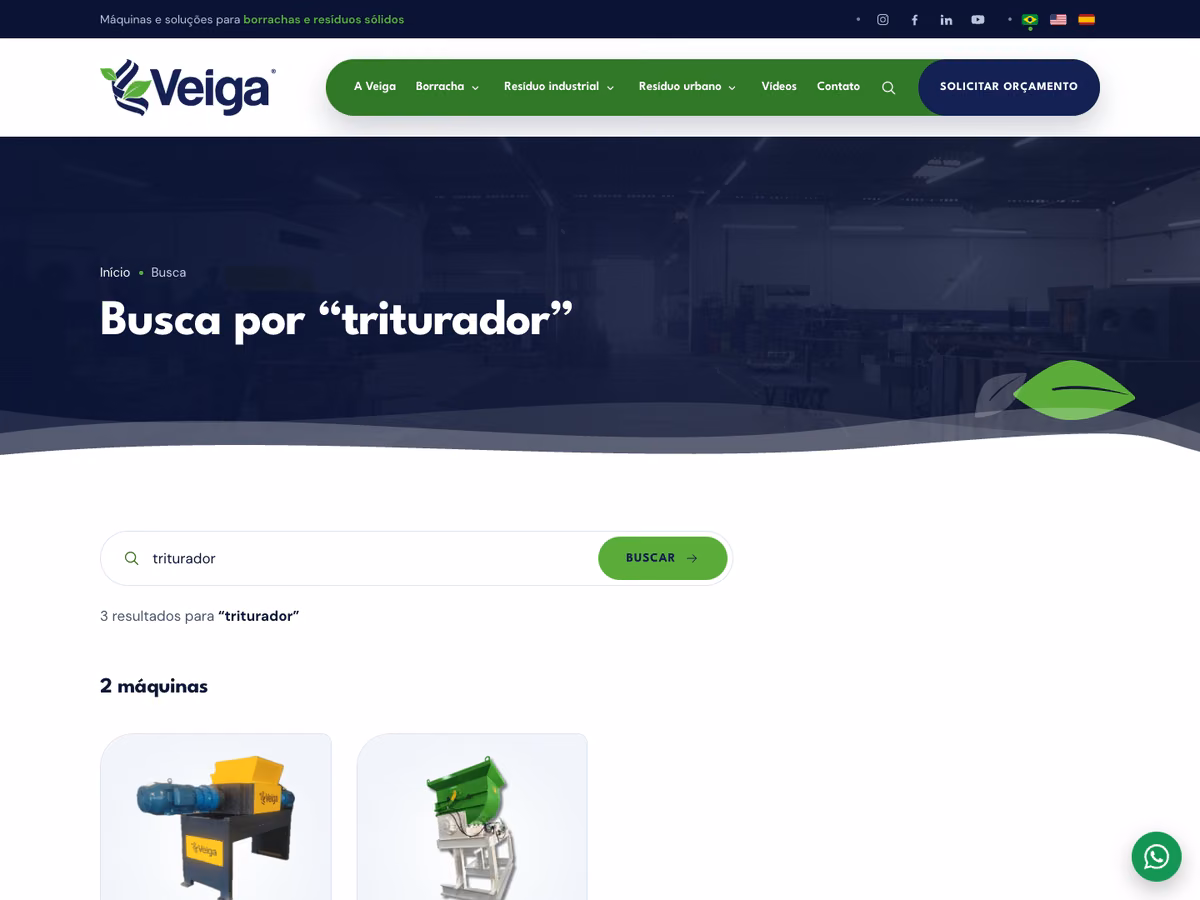Busca do site da Veiga Sul com as máquinas encontradas para triturador