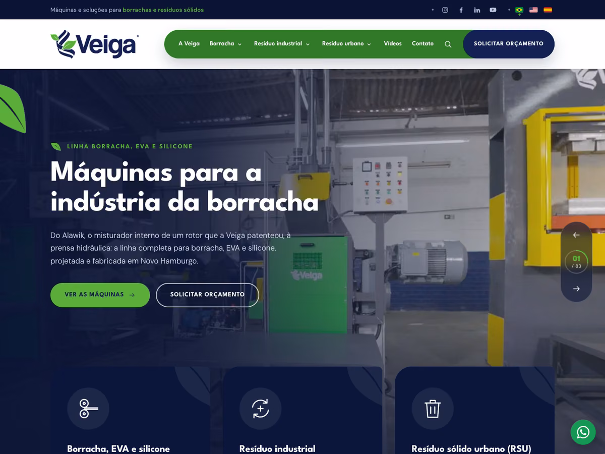 Página inicial do site da Veiga Sul, com as máquinas para a indústria da borracha