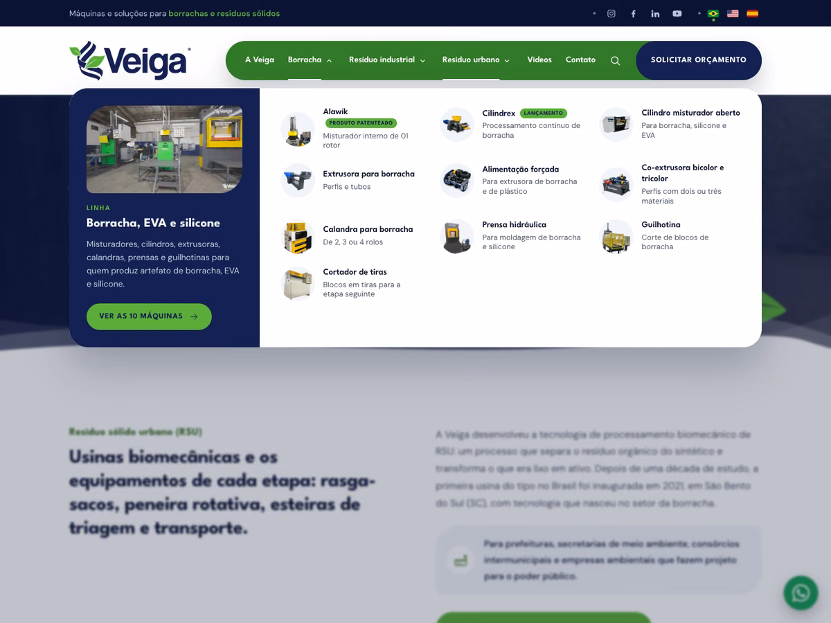 Menu do site da Veiga Sul, com a miniatura de cada máquina da linha de borracha
