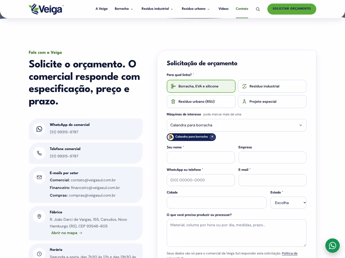 Pedido de orçamento do site da Veiga Sul, com a escolha das máquinas de interesse