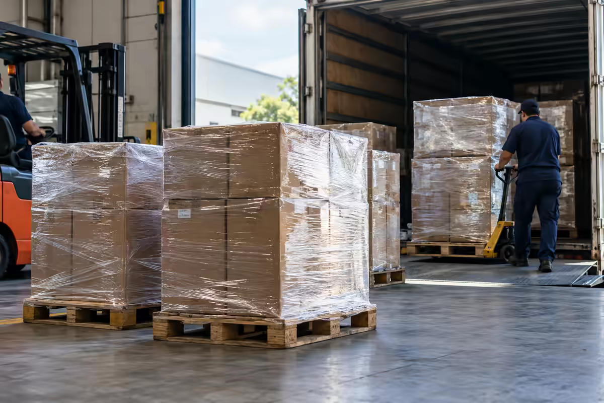 No cliente: Palete pronto para embarcar, do jeito que o comprador quer receber.