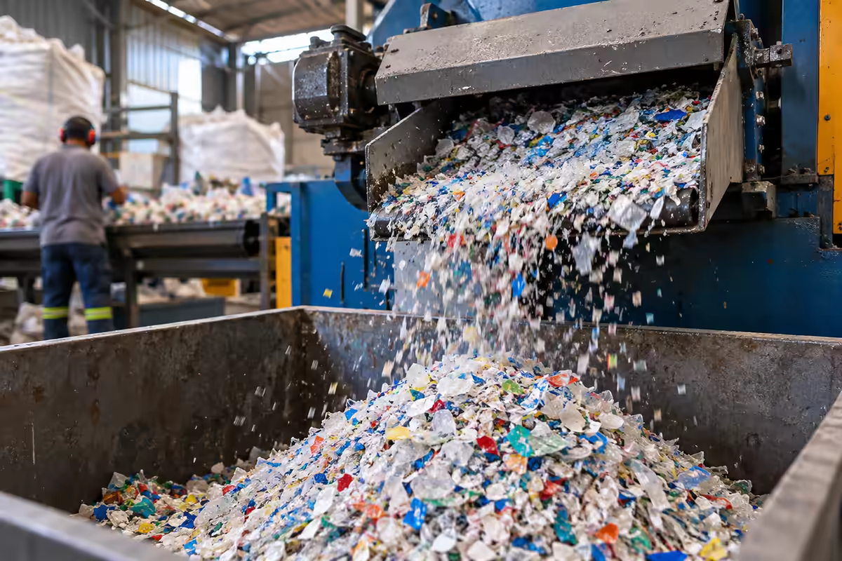 No processamento: A máquina transformando resíduo em matéria-prima.